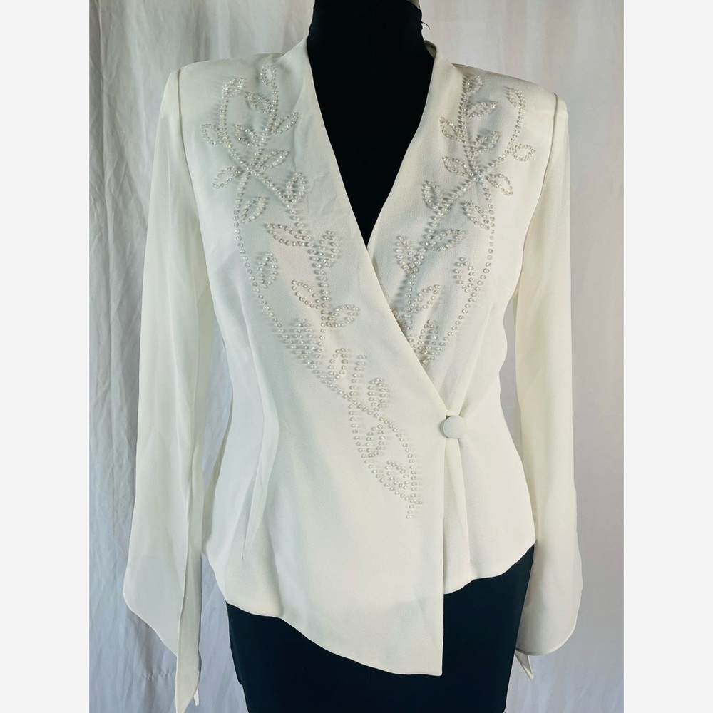 90’s Vintage ‘J.R. Nites Cream White Beaded Embellished Wrap Blouse - Picture 5 of 12